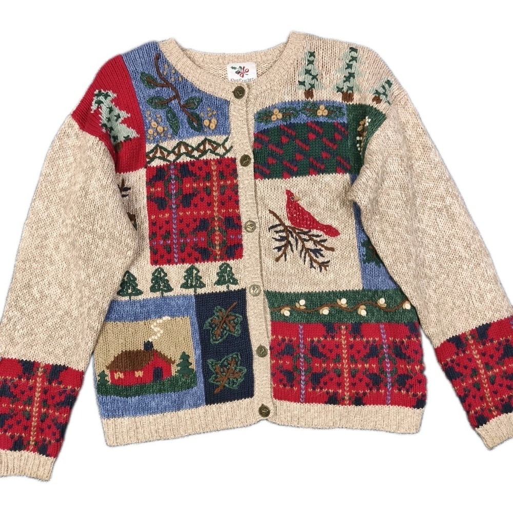 Nutcracker Patchwork Cardigan Sweater Bird Cabin Plaid Ramie Cotton Sz Small